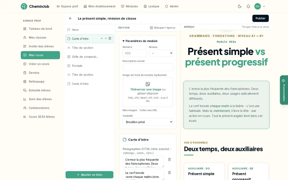 L'éditeur de cours du professeur : structure, édition et aperçu tel que l'élève le verra